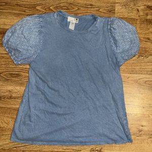 Everleigh Light Blue  Eyelet Puff Sleeve Burn Out T-Shirt Sz Large